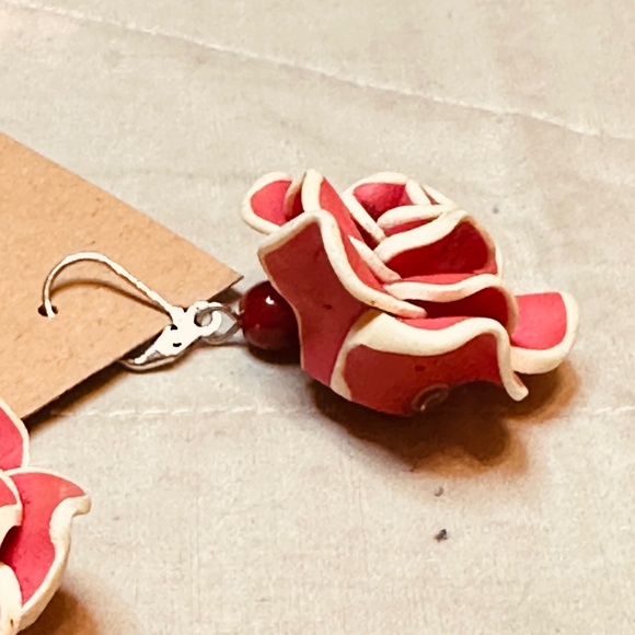 Rose & Bead Large Dangle Earrings Vintage Polymer Clay - Picture 3 of 13